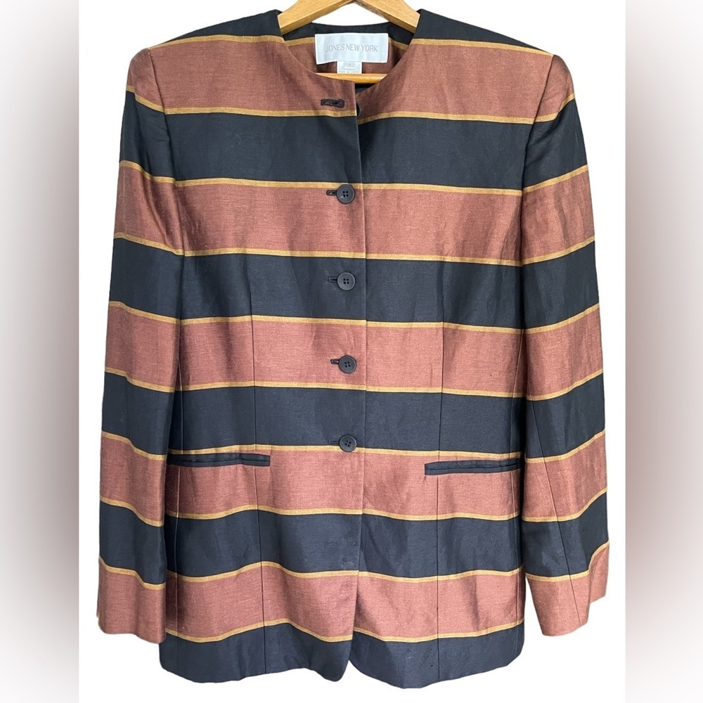 🔥🖤JONES NEW YORK stunning linen blend jacket size 4. Black/rust/gold colors